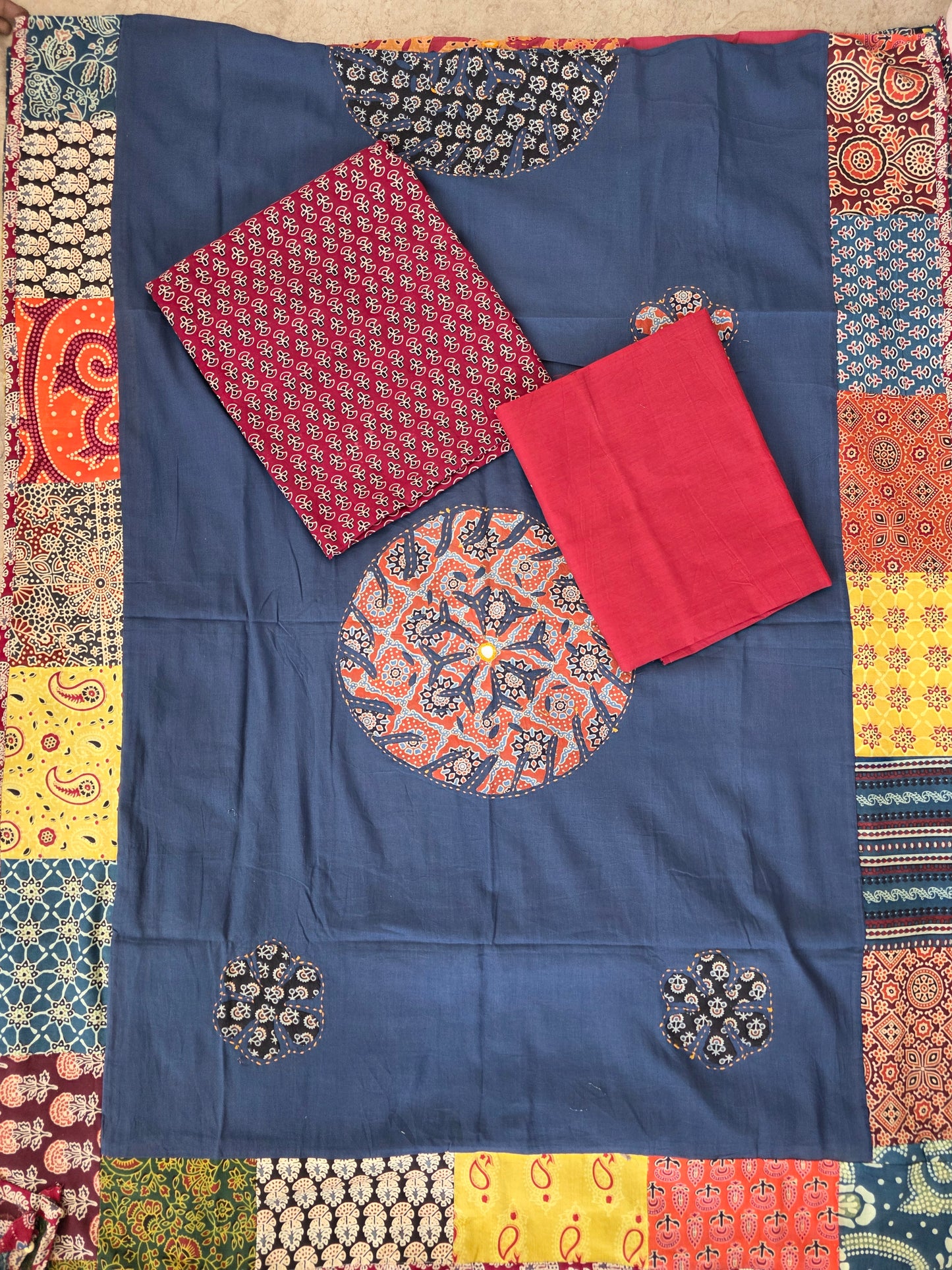 Handcrafted ajrakh cotton top with applique cotton shawl - BAA31