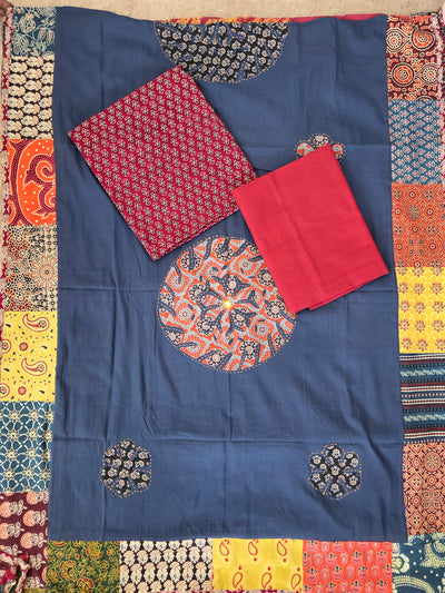 Handcrafted ajrakh cotton top with applique cotton shawl - BAA31