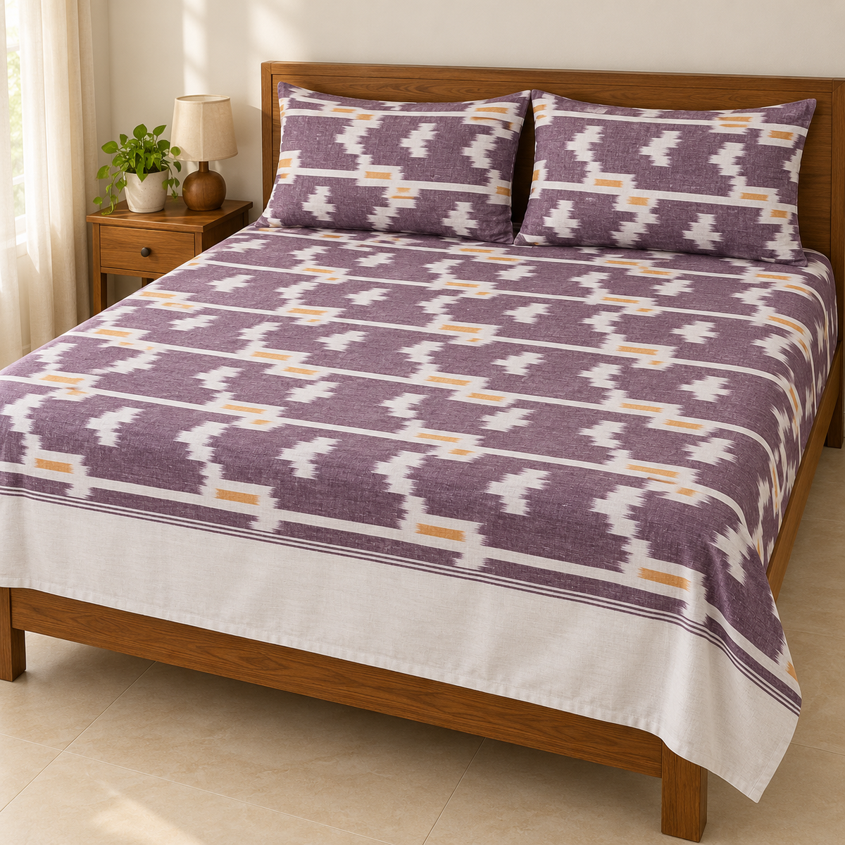 Warp ikkat bed sheets (90*108 2/40s bedsheet with pillow) -WW682