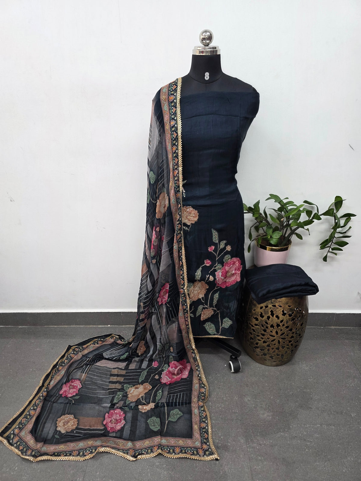 Glass organza viscose handwork silk set (Blue)-FC63