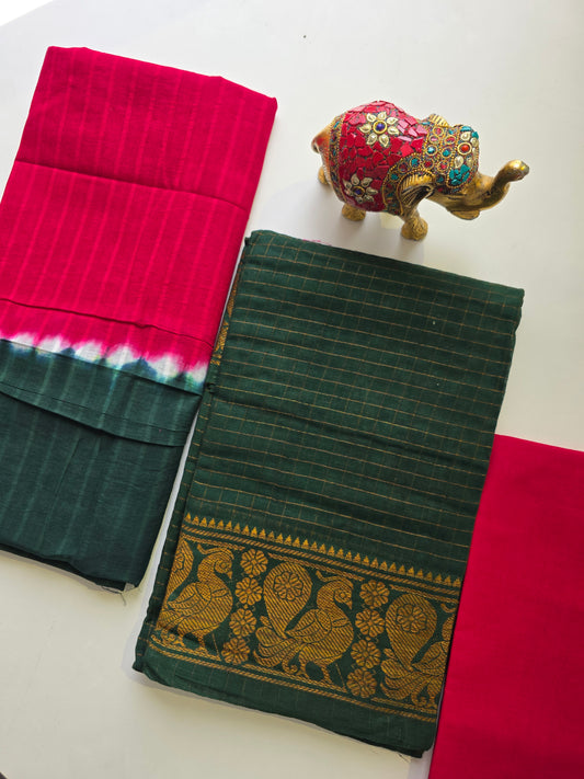 Madurai sungudi zari kattam salwar set - green with red