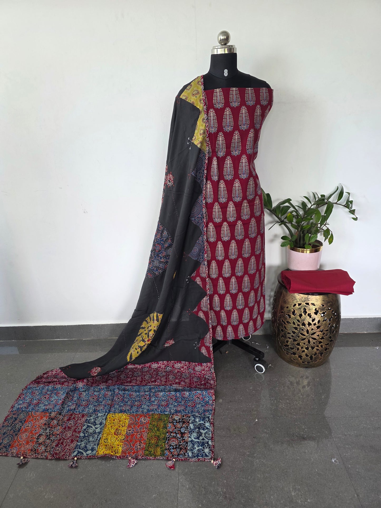 Handcrafted ajrakh cotton set with kantha applique mirror  cotton shawl - BAA102