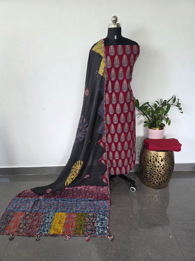 Handcrafted ajrakh cotton set with kantha applique mirror  cotton shawl - BAA102