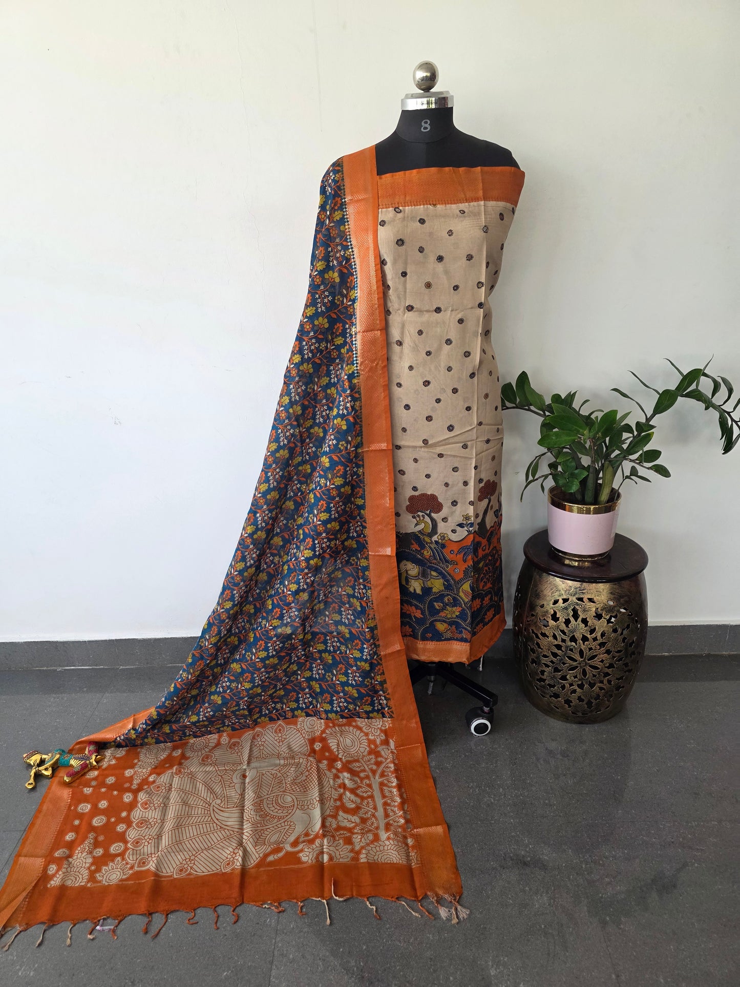 Kalamkari katha- Chennuri pure kalamkari silk set - AK385