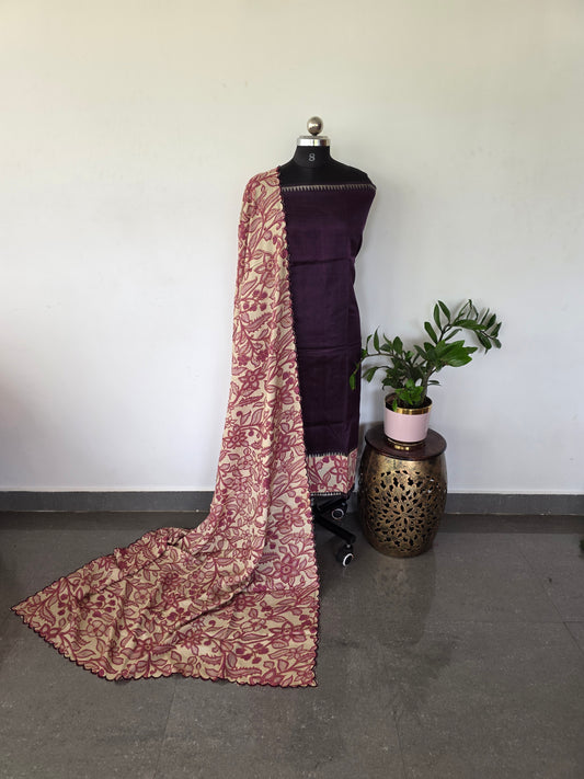Handloom fusion mangalagiri  kalamkari gap border  silk salwar set - AK279