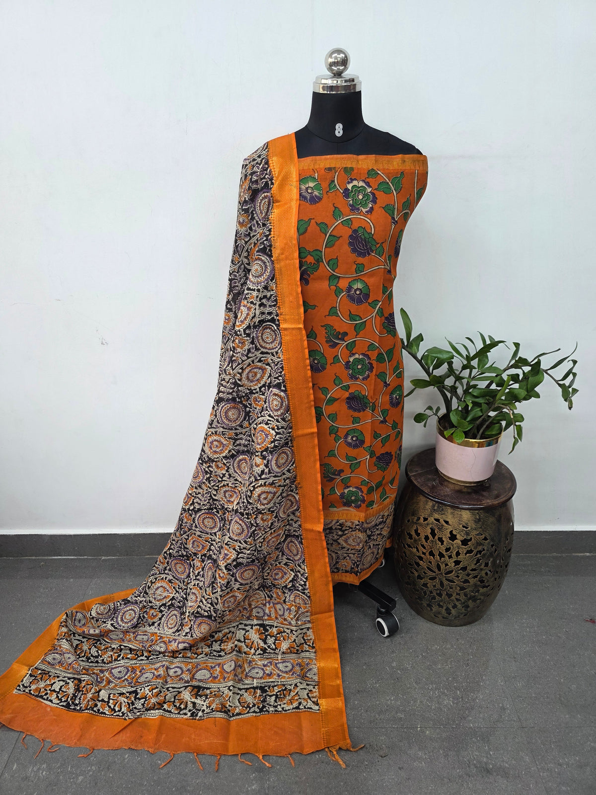 Mangalagiri kalamkari fusion gap border silk set-AK562