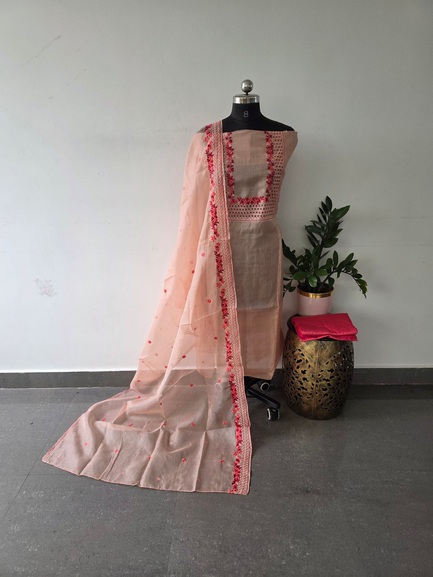 Fancy organza checks set with embroidery and cut work - CLA