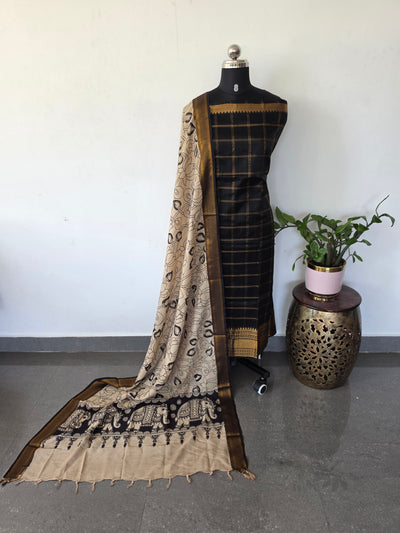 Handloom checked mangalagiri pattu top with chennuri kalamkari duppatta(Black) -AK611
