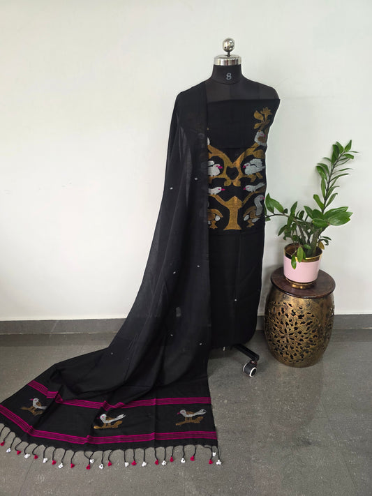 Handloom mul khadi cotton jamdhani set (black) - BB336