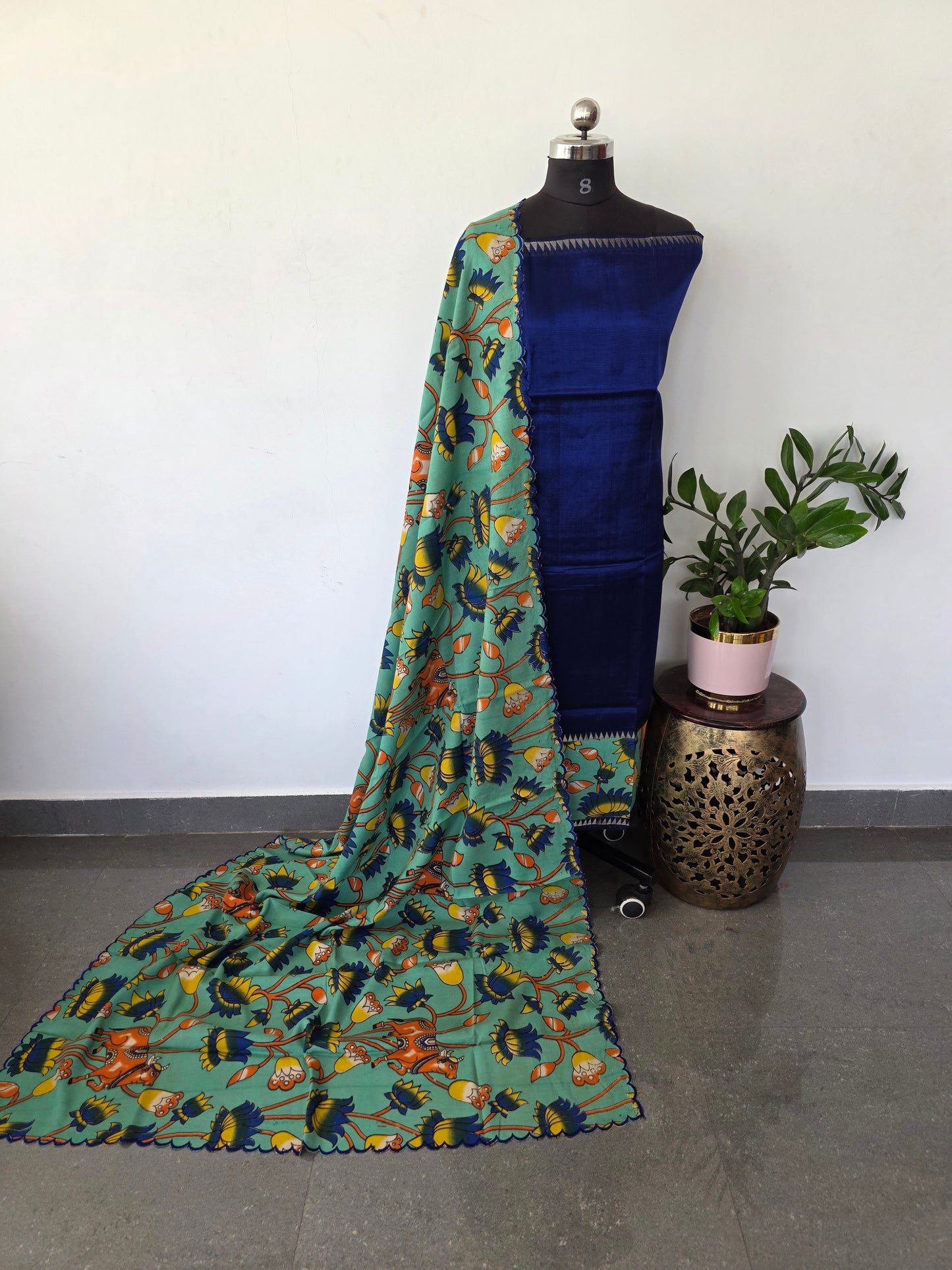 Handloom fusion mangalagiri  kalamkari gap border  silk salwar set - AK274
