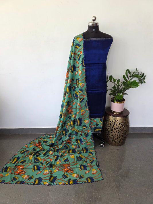 Handloom fusion mangalagiri  kalamkari gap border  silk salwar set - AK274
