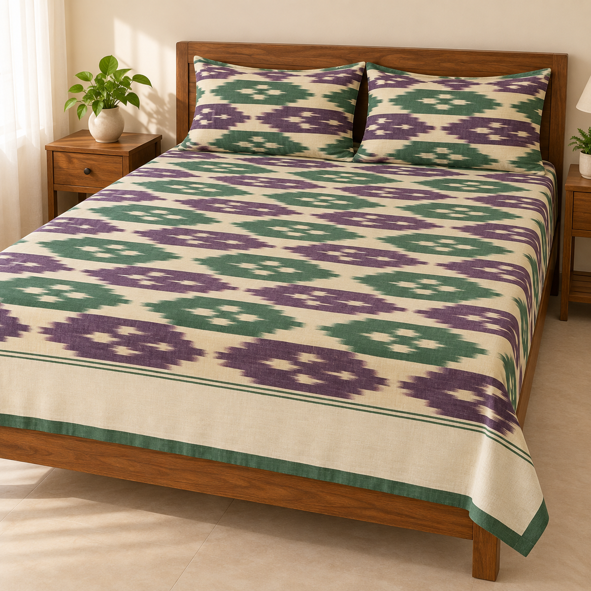 Warp ikkat bed sheets (90*108 2/40s bedsheet with pillow) - WW658