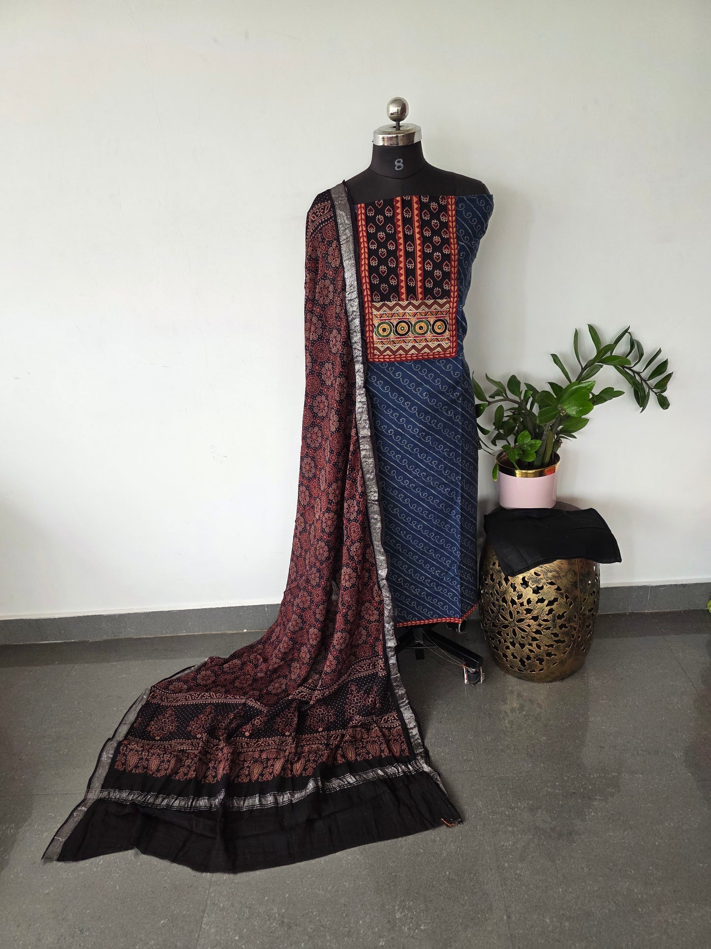 Premium ajrakh cotton with handwork yoke zari border salwar set - AS52