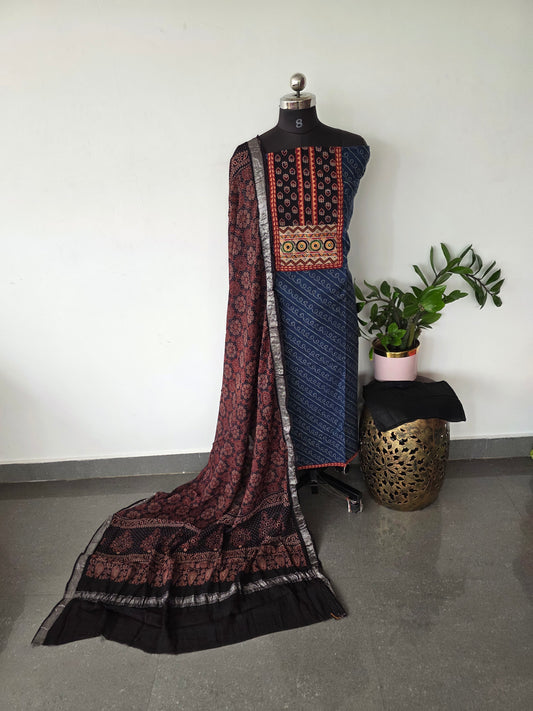 Premium ajrakh cotton with handwork yoke zari border salwar set - AS52