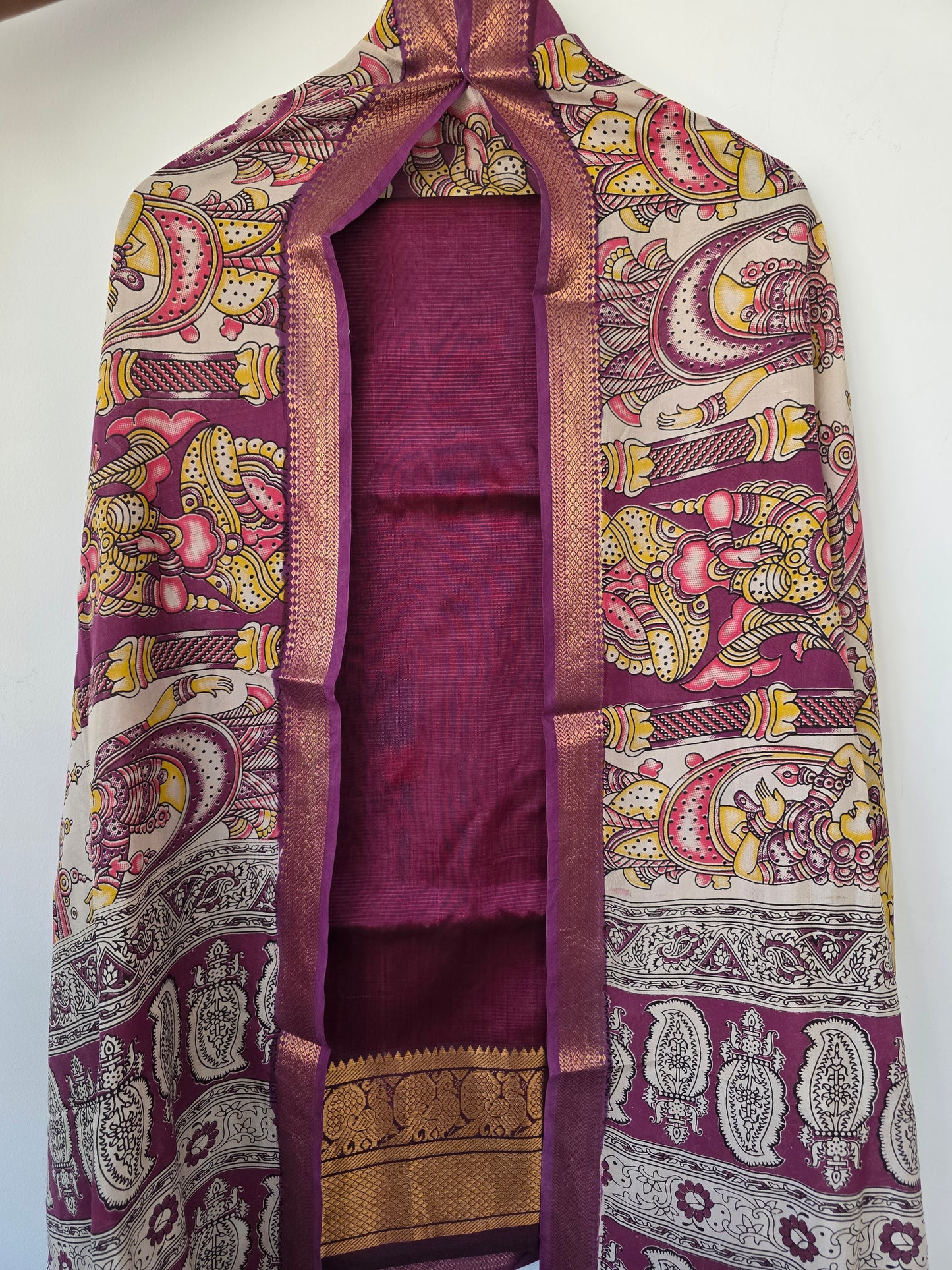 Handloom Mangalagiri silk kanchi border top with chennuri silk kalamkari shawl  - AK98