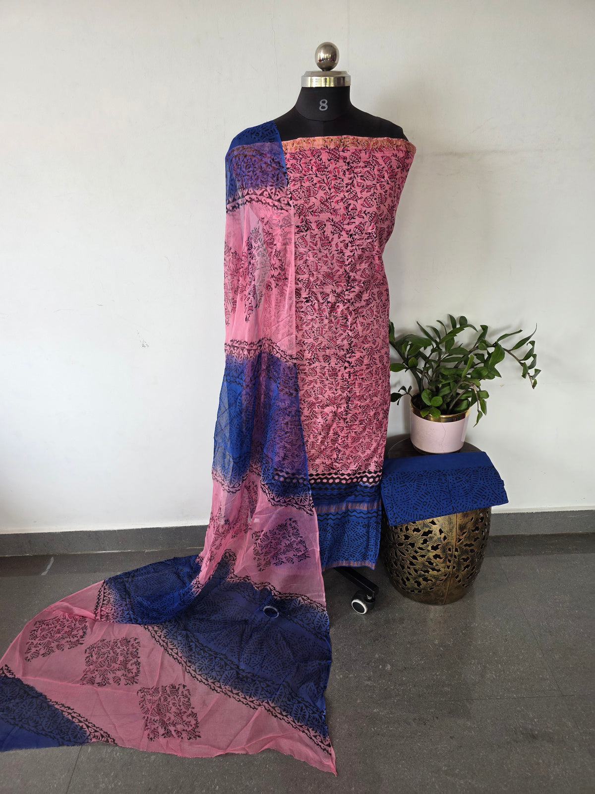 Handblock soft silk set with georgette shawl- GE258