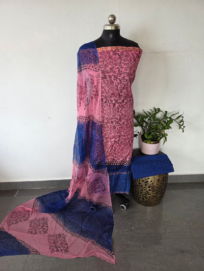 Handblock soft silk set with georgette shawl- GE258