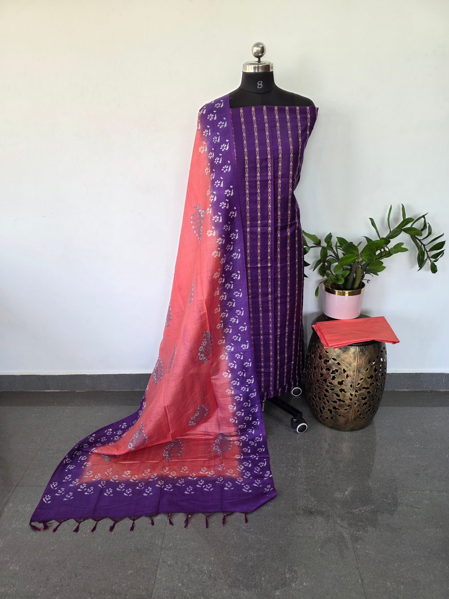 Bhagalpuri katan weaving set with blockprinted katan silk shawl - BA474
