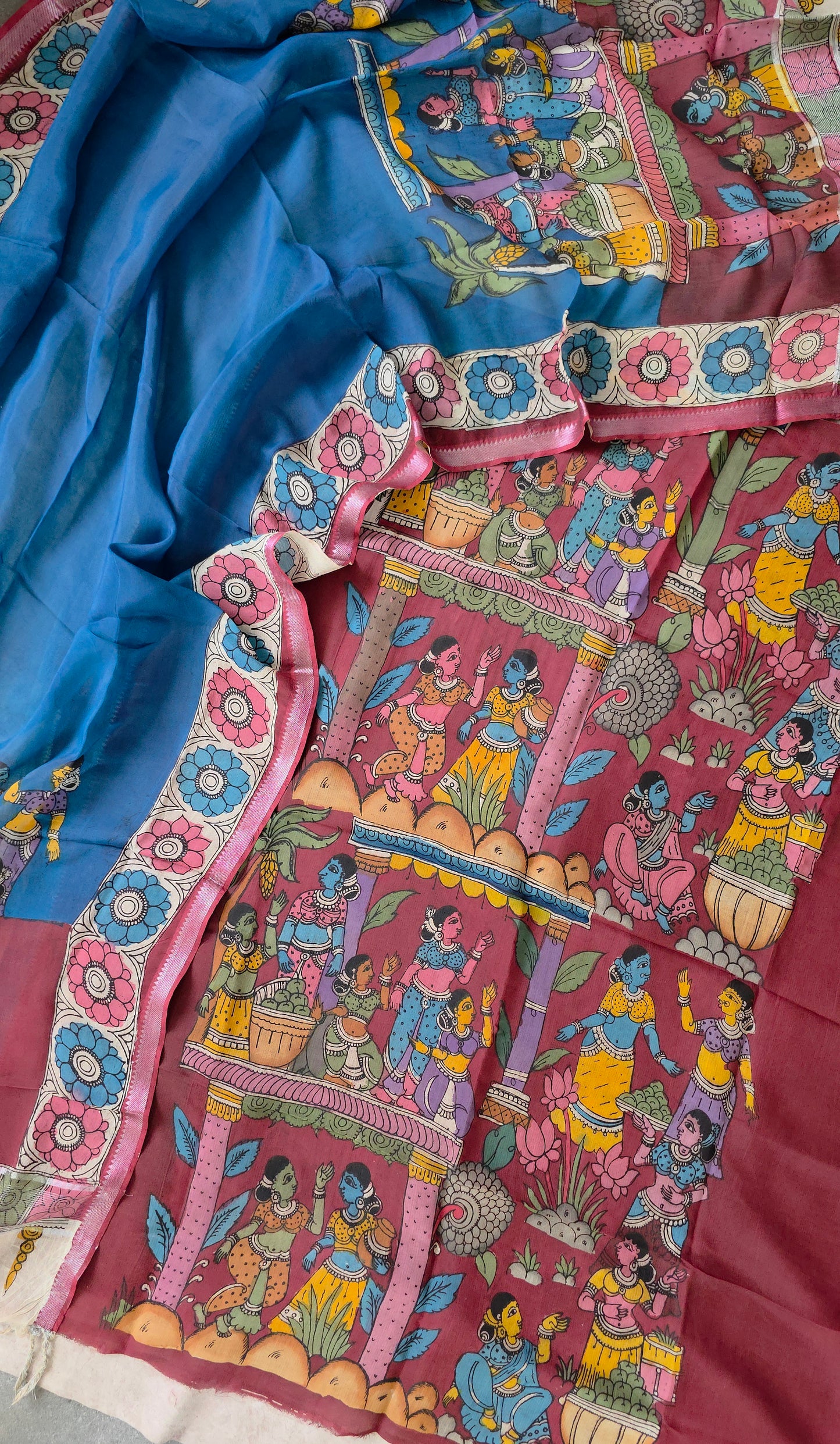 Handcrafted Kalahasthi Penkalamkari bangalore silk set - KH129