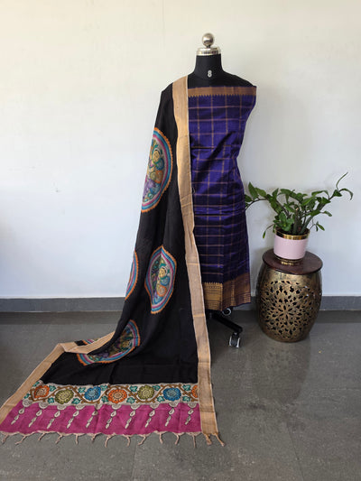Handloom checked mangalagiri pattu silk top with penkalamkari duppatta -AK582
