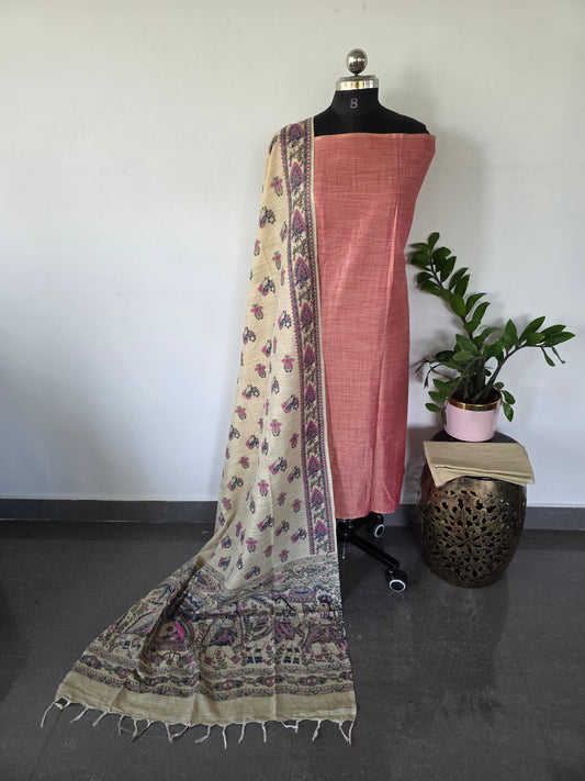 Bhagalpuri Cotton khadi set with Madhubani silk shawl - BA173
