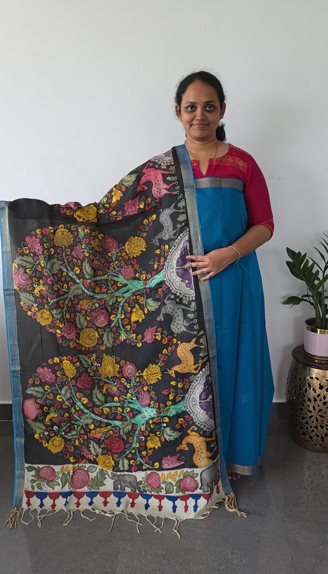 Premium mangalagiri handloom cotton with pure pen kalamkari duppatta  -114