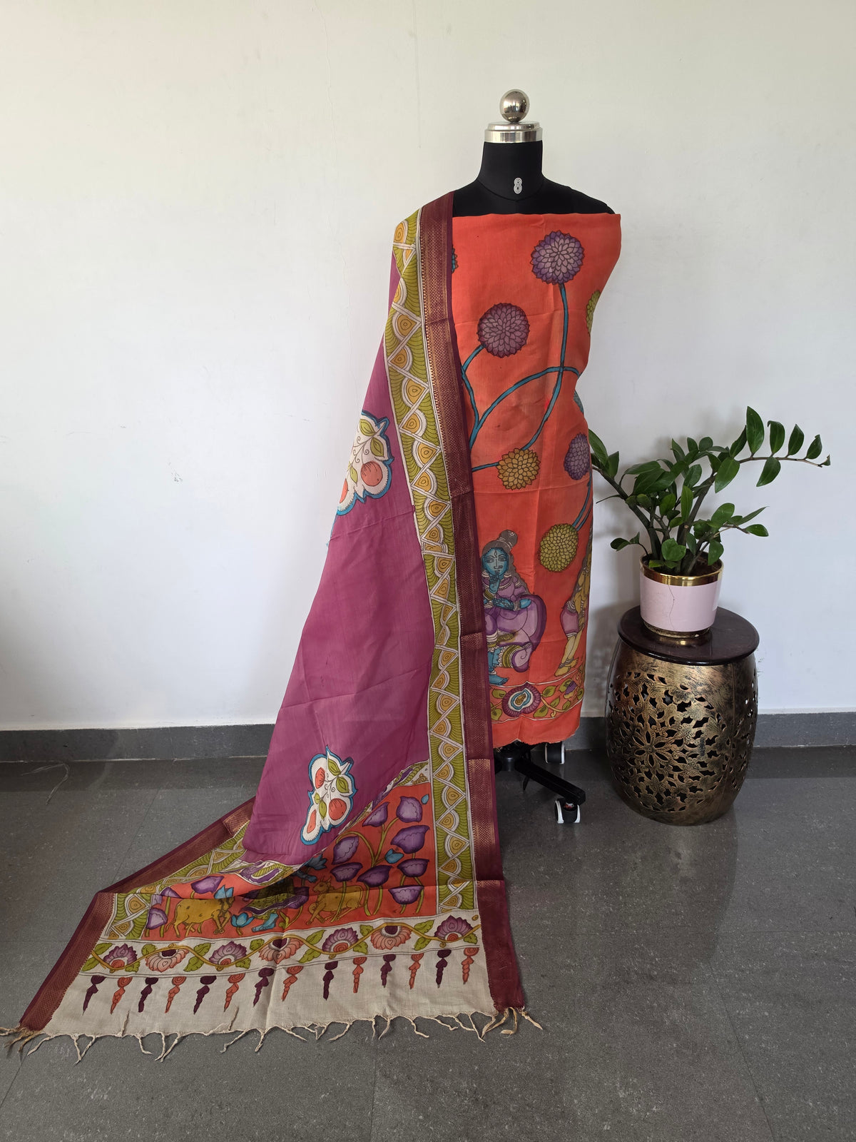 Kalahasthi Handcrafted Penkalamkari bangalore silk set -KH283