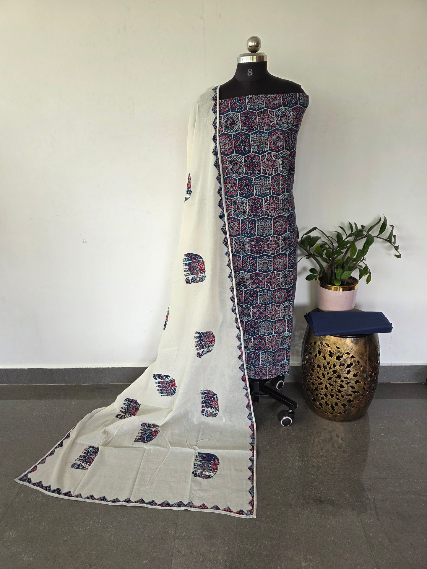 Handcrafted ajrakh cotton set with kantha applique cotton shawl - BAA119