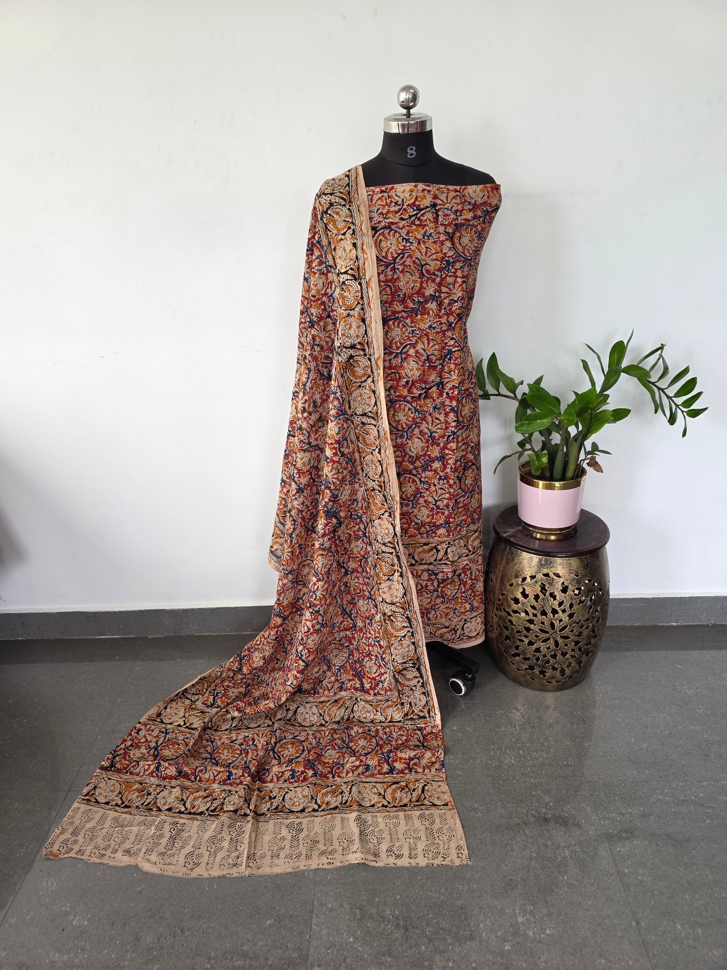 Handblock pure kalamkari cotton with border ( 2 pc set )- AK182