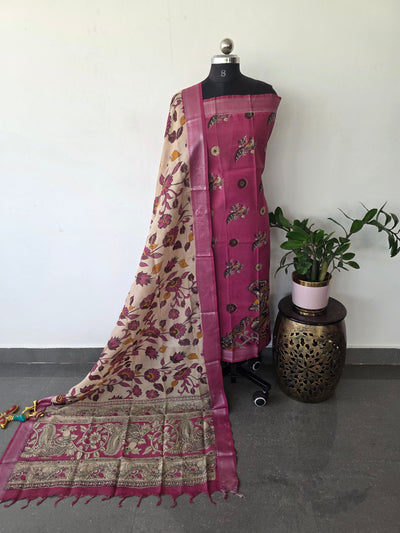 Kalamkari katha- Chennuri pure kalamkari silk set - AK388