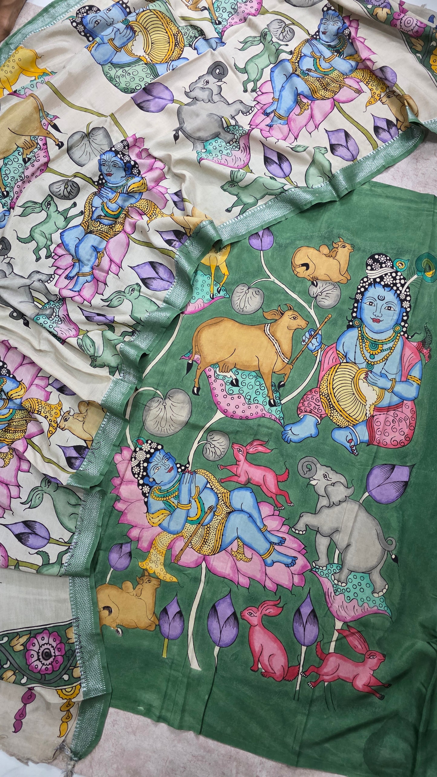 Handcrafted  Penkalamkari bangalore silk set-RV3