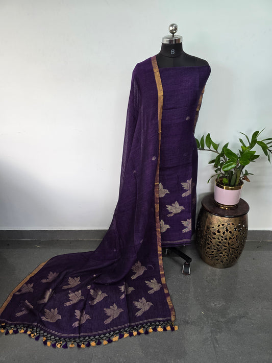 Premium handloom linen jamdhani set (voilet)- JMM204