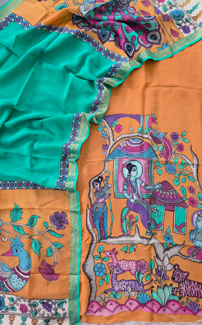 Handcrafted Kalahasthi Penkalamkari bangalore silk set - KH39