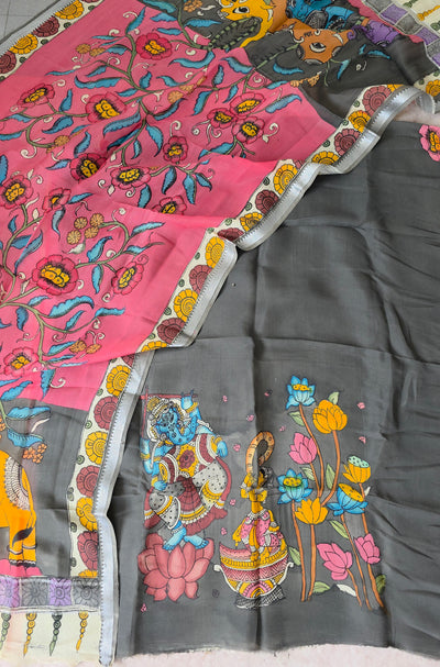 Handcrafted Kalahasthi Penkalamkari bangalore silk set - KH76