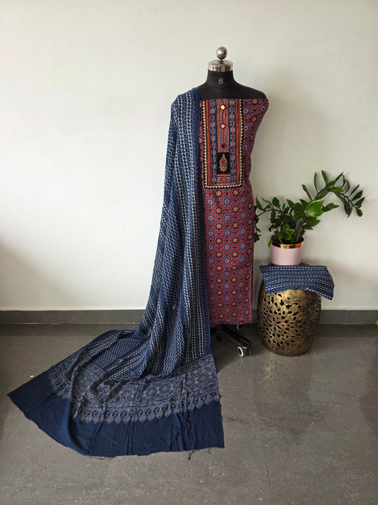 Premium ajrakh cotton with handwork mirror yoke salwar set - AS47