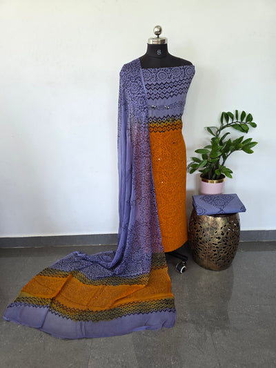 Handblock georgette salwar set with handwork mirror work - GE155