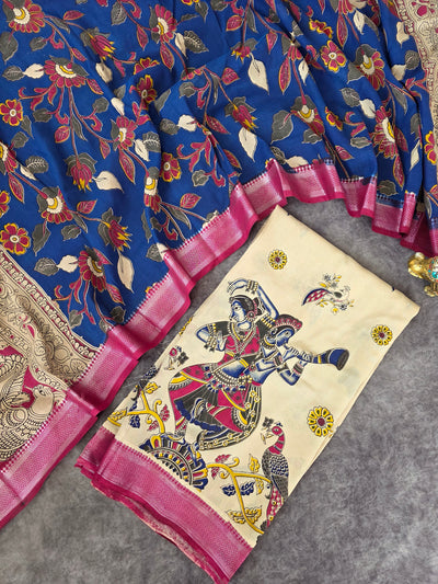Kalamkari katha- Chennuri pure kalamkari silk set - AK384