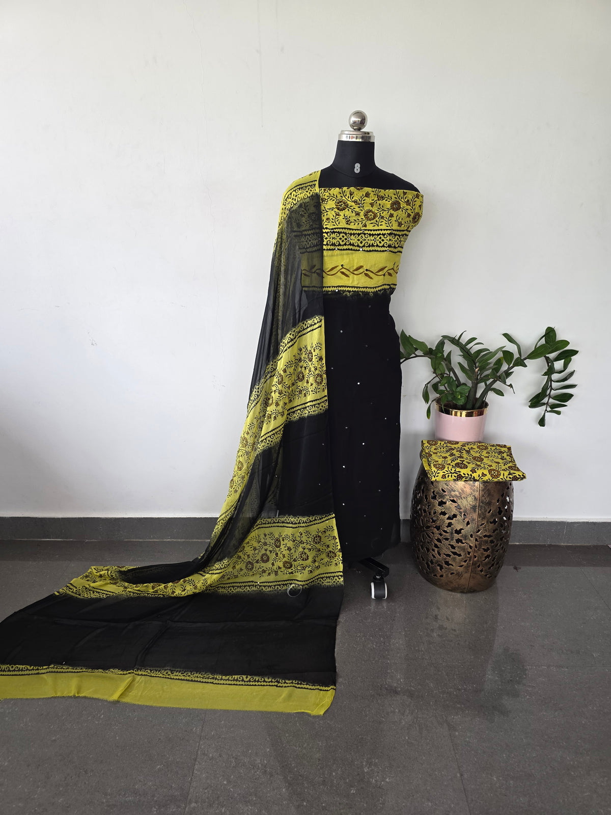 Handblock georgette salwar set with handwork mirror work-GE104