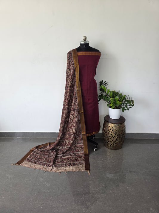 Premium mangalagiri cotton top with handblock pure kalamkari silk shawl - MK5
