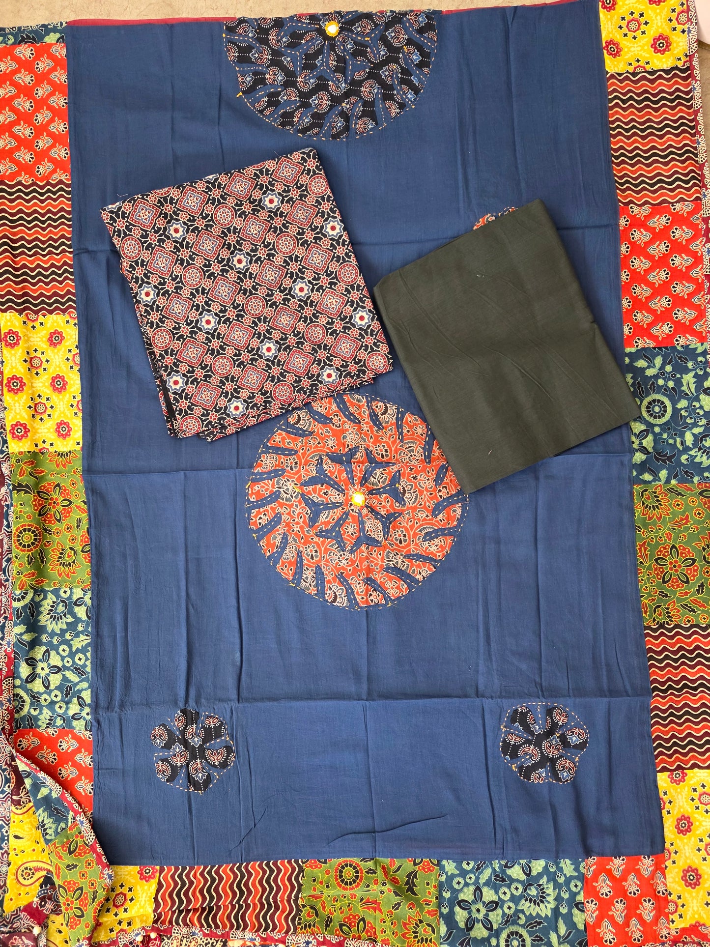 Handcrafted ajrakh cotton top with applique cotton shawl - BAA24