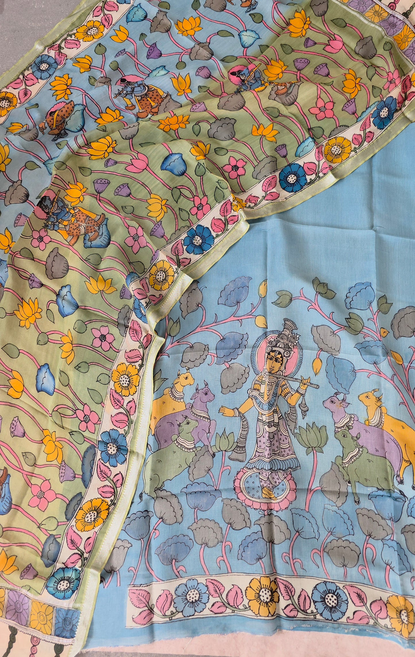 Handcrafted Kalahasthi Penkalamkari bangalore silk set - KH158