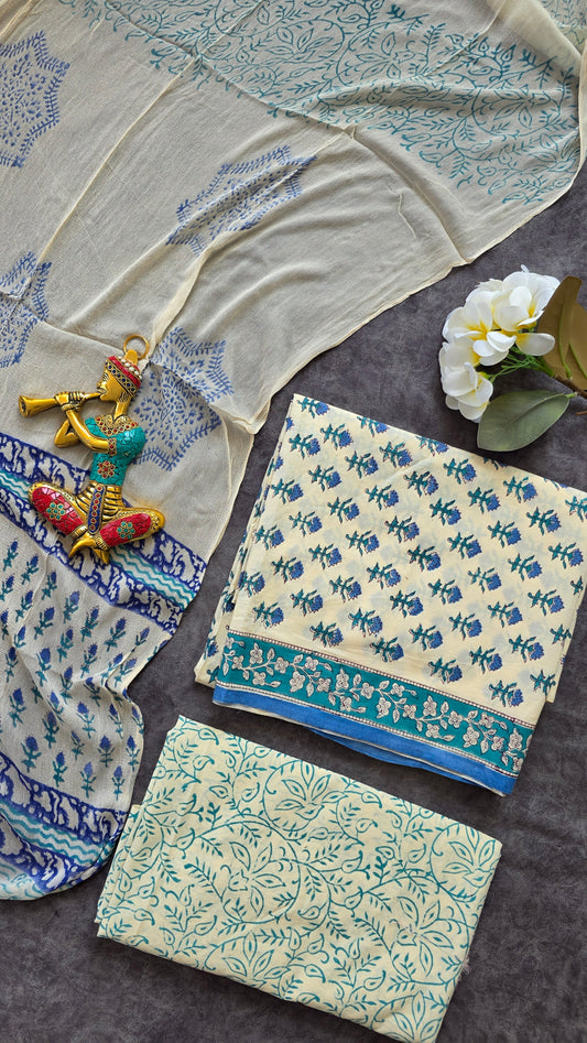 Handblock Jaipuri pure cotton with chiffon shawl - JX56