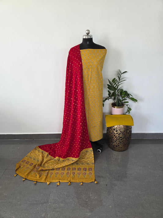 Premium ajrakh cotton top with pure bandhani cotton shawl - AB13