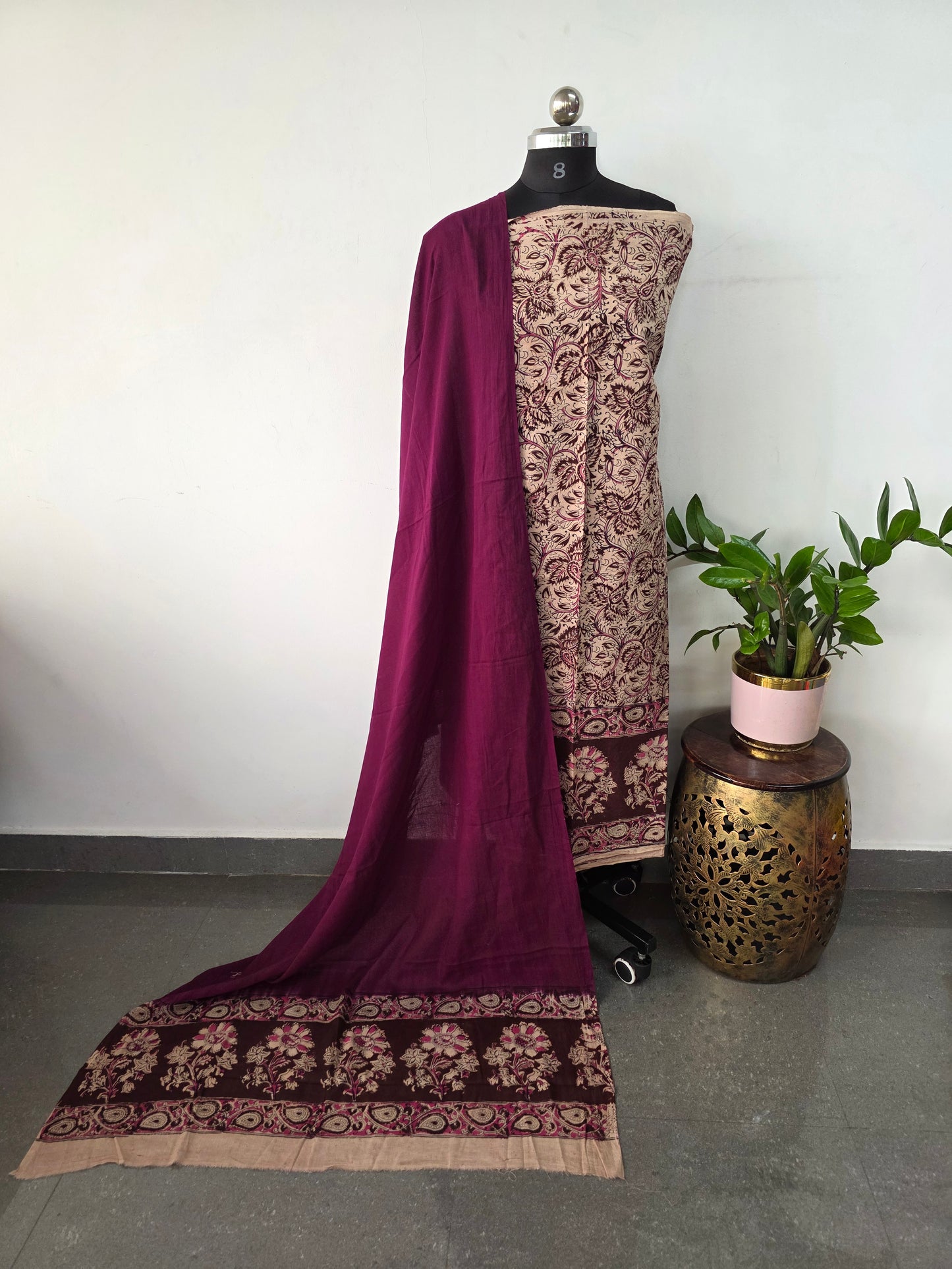 Handblock pure kalamkari cotton with border ( 2 pc set )- AK297