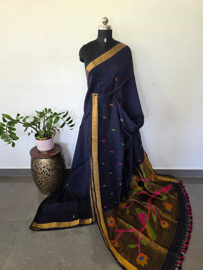 Premium handloom linen jamdhani paithani saree(Blue) - JMM550
