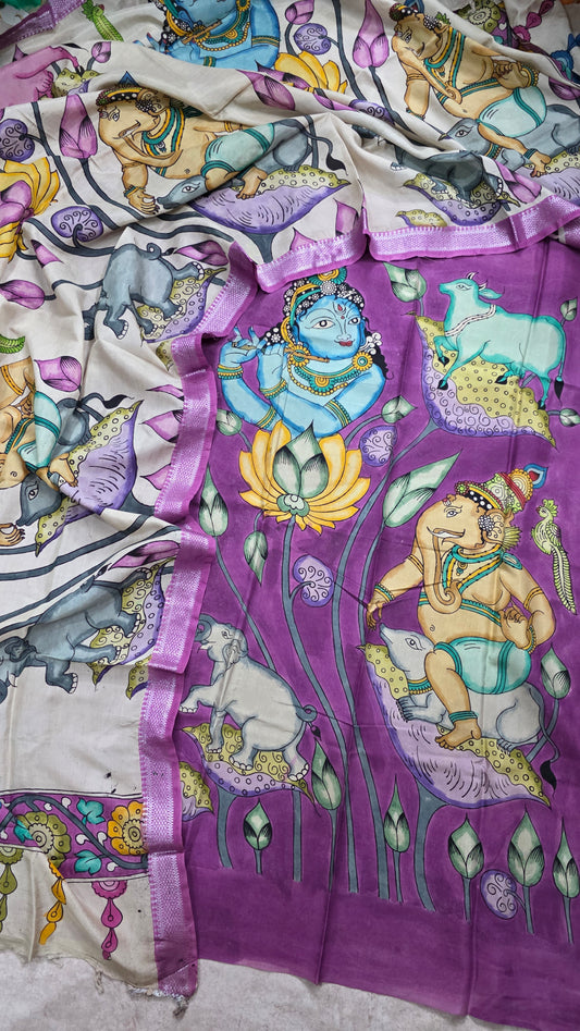 Handcrafted Penkalamkari bangalore silk set-RV16