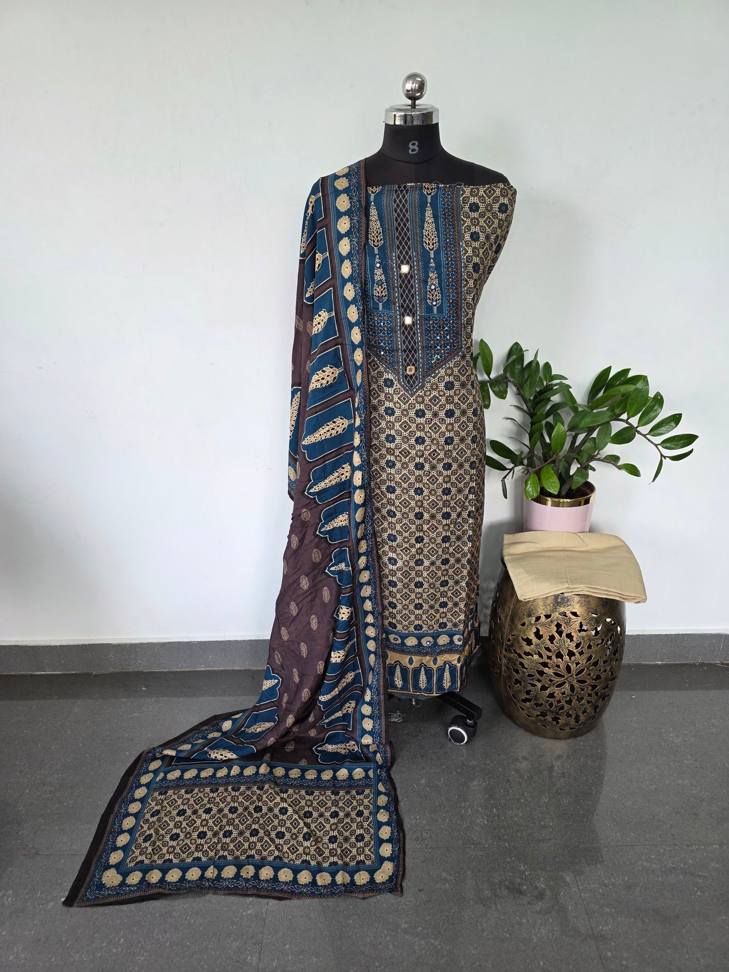Ajrakh inspired Muslin silk set-VM44