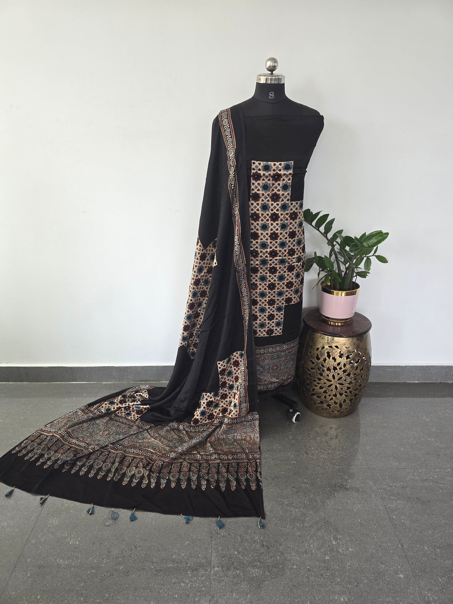 Handcrafted ajrakh mashru silk set - H20