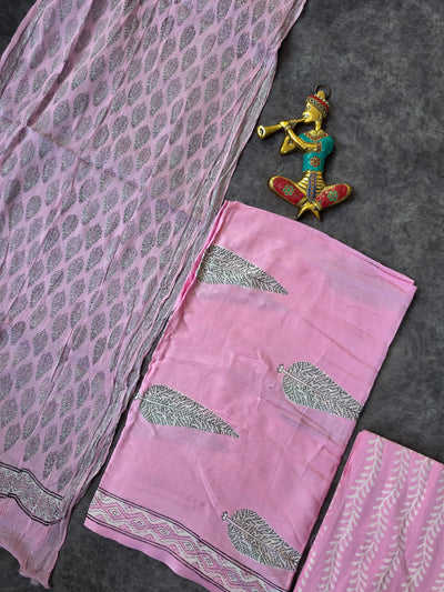 Modal Handblock Jaipuri silk set with chiffon duppatta- JA575