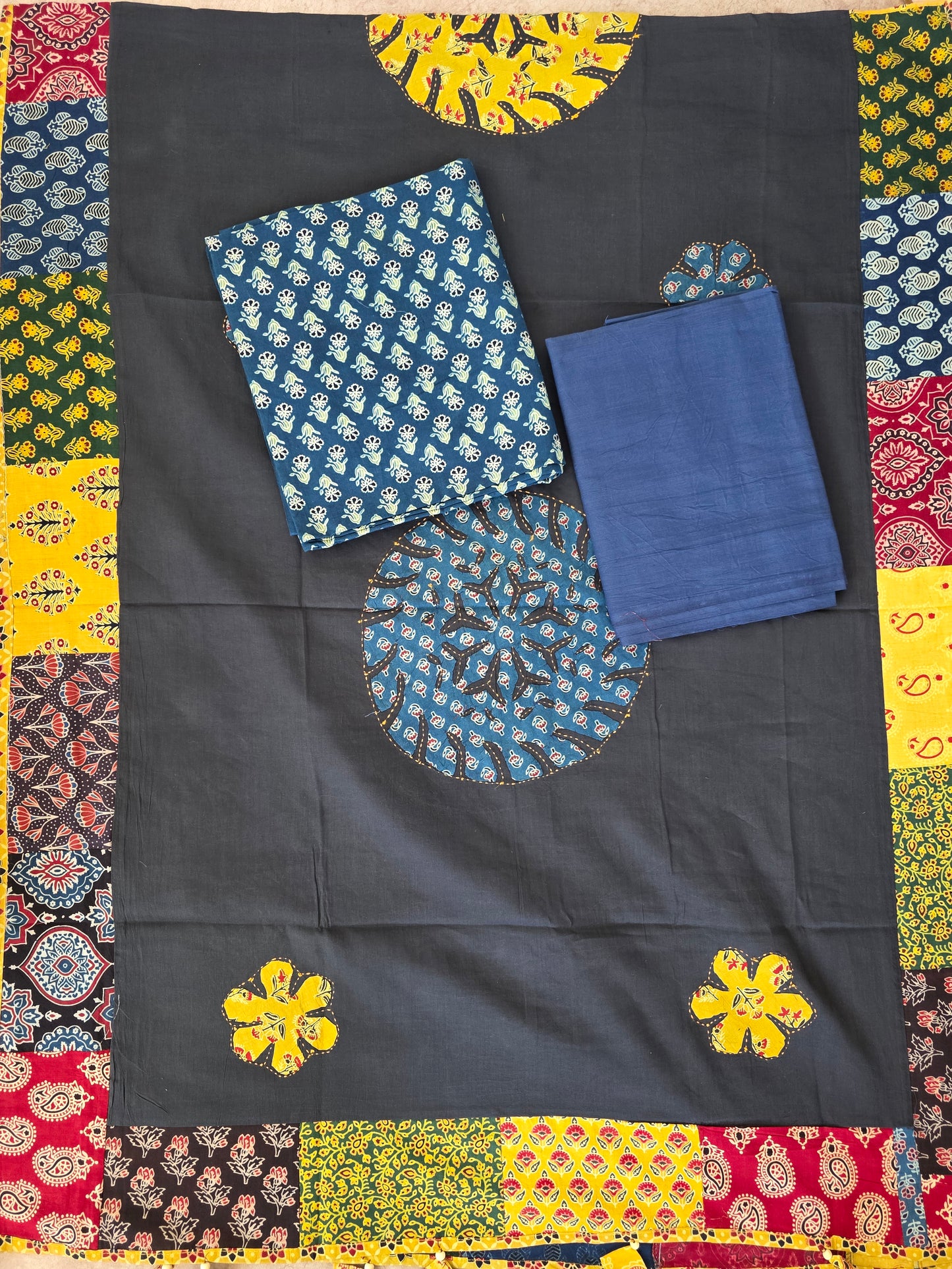 Handcrafted ajrakh cotton top with applique cotton shawl - BAA39
